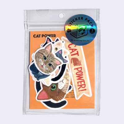 Sticker pack with 7 different cat themed stickers, of various breeds and colors, some full bodied and some just face illustrations.