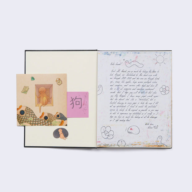inside front cover - We love Felicia Chiao here at Giant Robot, her art being so unique and bursting with character and thoughtful thematics. Her "Sketchbook 6" is a faithful 1:1 reproduction of her personal sketchbook. Featuring 63 beautifully detailed color illustrations complete with Post-it note sketches and a personal handwritten introduction on a bleed sheet, this publication is as close to owning the original as one can get.