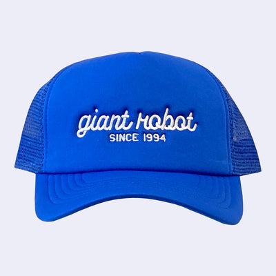 Bright blue colored hat with "giant robot" written along the front in white cursive, and "since 1994" written below in plain capital font.