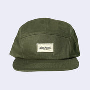 Dark green 5 panel cap, with a cream colored rectangle embroidering in the center that reads "giant robot' in lowercase cursive and "since 1994" in smaller, caps font below. 