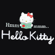 Black long sleeve shirt with a graphic in the center of Hello Kitty reading a book. Around her says "Hmmmmm.." with half the text on one side and the other half on the other. Below is a white yarn embroidered element spelling out "Hello Kitty".