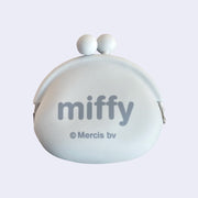Backside of light gray silicone coin pouch with Miffy written in all lowercase gray font.