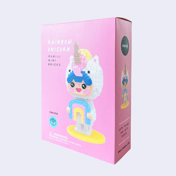 Product packaging for Rainbow Unicorn Momiji mini bricks puzzle kit.