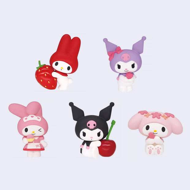 All 5 options for the blind bag series: red My Melody with strawberry, pastel Kuromi with rose, diner server My Melody, Kuromi with a cherry, and sakura My Melody. 