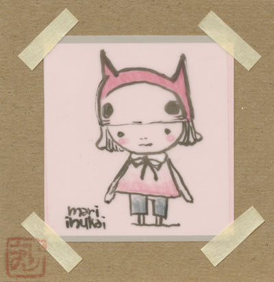Illustration on a pink sticky note of a girl wearing a pink hat with eyes and pointed ears, like a cat.