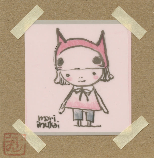 Illustration on a pink sticky note of a girl wearing a pink hat with eyes and pointed ears, like a cat.