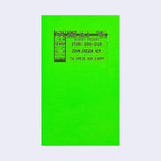 Neon green book cover for "Stubs" with the book title and author written on a photo copied ticket stub.