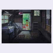 Postcard example, featuring a movie still from My Neighbor Totoro of Mei and Satsuki standing in a doorway shocked and looking into a dark room full of dust sprites.