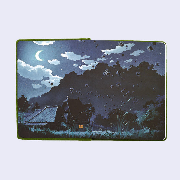 Open spread of first pages, featuring a full bleed illustration from the movie My Neighbor Totoro, an exterior view of a farmhouse at night with a large mountain range and cloudy sky behind. Many dust sprites float up from the ground.